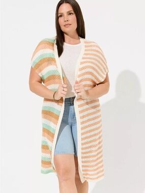 Torrid Duster Vest Sweater 1/2 1X 2X Stripe Crochet Cotton Long Cardigan NWT